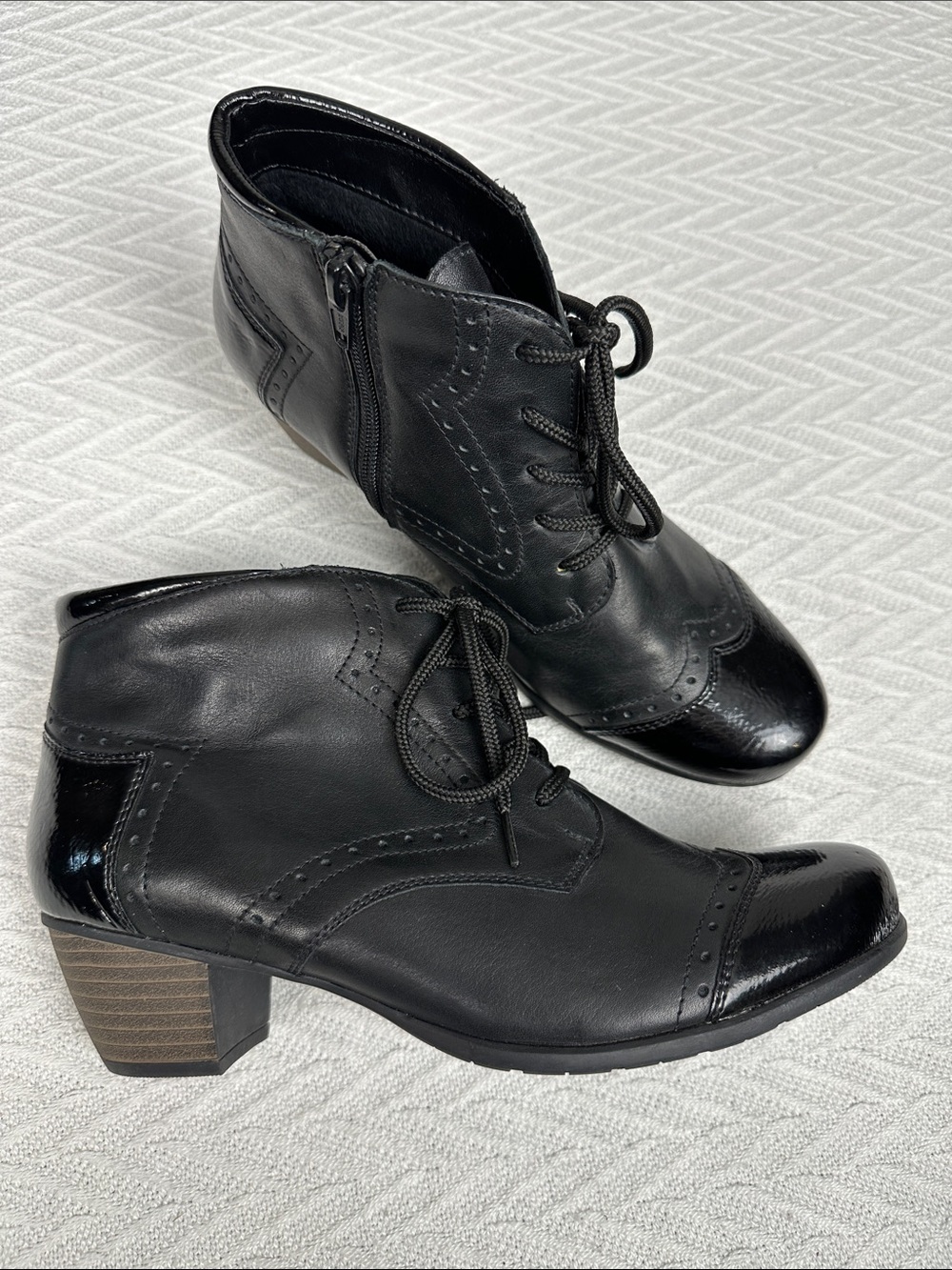 Remonte Leather Black Lace-Up Ankle Boots Comfort Cap Toe Chunky Wood Heel